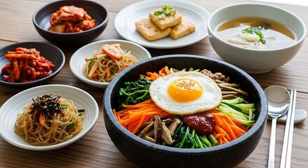 A vibrant bibimbap bowl surrounded by korean side dishes and soup on a wooden surface top view