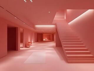 Modern Pink Minimalist Interior Hallway Staircase Design