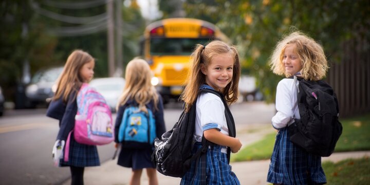 Girls with backpacks wait by the road for the school bus.