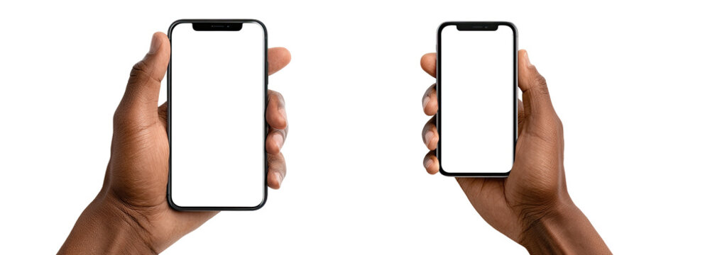 Two hands holding smartphones with blank screens