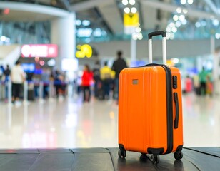 Orange suitcase on airport baggage carousel