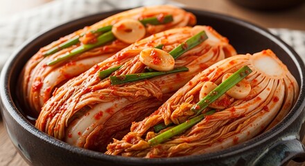 Close up of kimchi in a black bowl garnished with garlic and green onions on a wooden surface