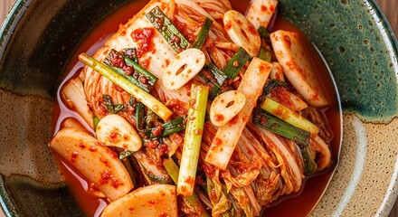 Close up of kimchi in a green ceramic bowl with garlic and green onions as garnish on top of the dish