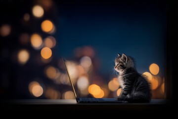 Laptop-loving kitten: a delightful scene. Ai control future. Spatial control interface redefines how we manage digital information. Human-machine interface. Digital kitten.