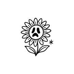 Fototapeta premium Simple black line art of a sunflower with a sad face