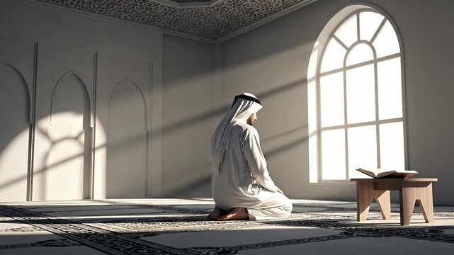 A Muslim man in traditional white clothing praying in a mosque with light from a window.