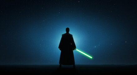 Silhouette of a Jedi with green lightsaber against starry background  