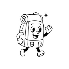 Cartoon backpack character walking and waving