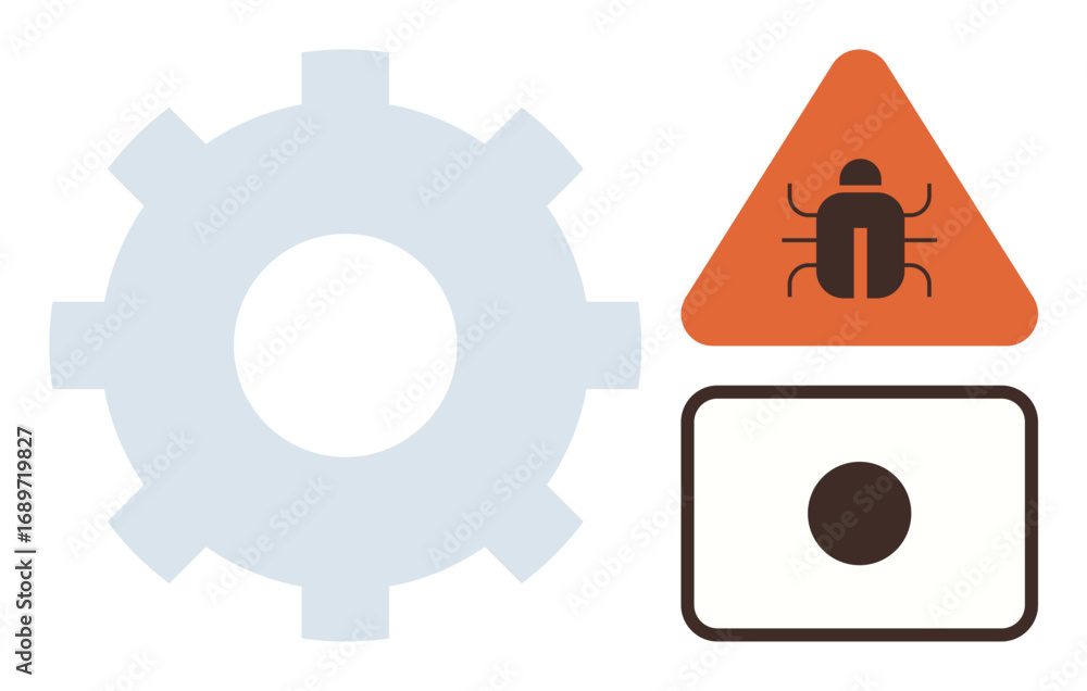Poster large gear, bug inside warning triangle, and focused flaw target icon. ideal for cybersecurity, syst