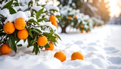 Orange trees covered in snow