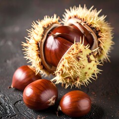 Fresh chestnuts in a prickly shell on dark surface