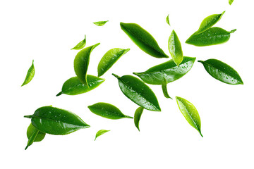Fresh green tea leaves, vibrant and scattered, against a black background