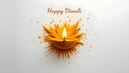 Happy Diwali 2026 Rangoli Powder Diya Greeting Card Bright Flame with Orange Decorative Burst on Symmetrical Background