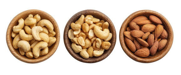 Three wooden bowls filled with nuts cashews, mixed nuts, and almonds