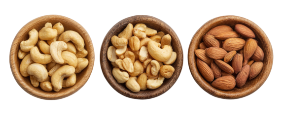 Three wooden bowls filled with nuts cashews, mixed nuts, and almonds