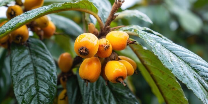 A close-up view of ripe loquat fruit hanging on the tree branch with lush, green leaves.