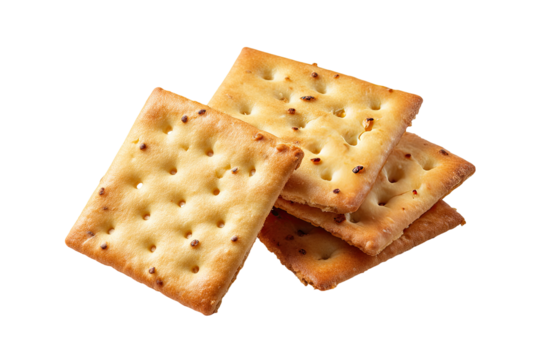 Stack of crispy, square crackers.  Small, evenly spaced holes dot the surface.  Golden-tan color.  Stacked slightly overlapping