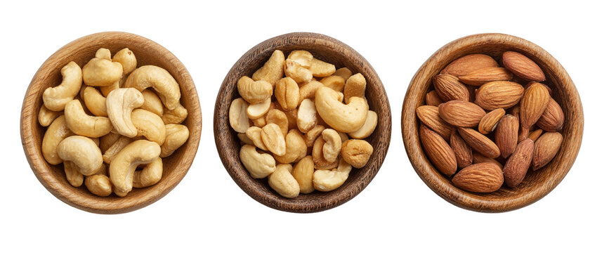 Three wooden bowls filled with nuts cashews, mixed nuts, and almonds - Powered by Adobe