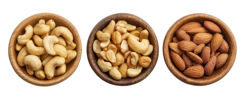 Three wooden bowls filled with nuts cashews, mixed nuts, and almonds