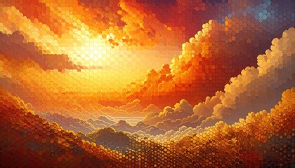 A vibrant sunset over a landscape of hills and clouds.  Mosaic style