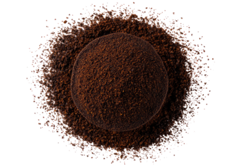 Dark brown coffee grounds sphere erupting in a burst of particles