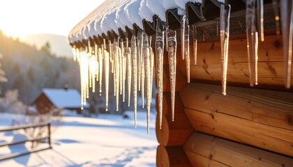 Icicles on log cabin in winter sunrise