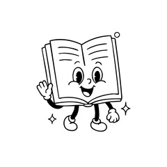 Cartoon book character with open pages, expressive eyes and a happy mouth, waving