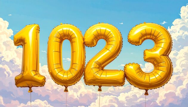Golden balloons displaying the number 1023 against a blue sky