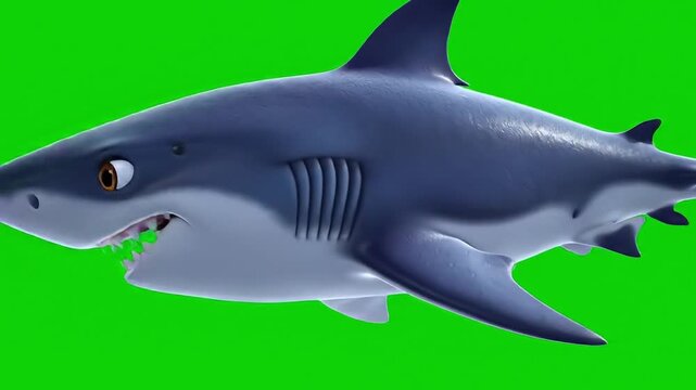 A 3D cartoon shark with a menacing expression against a green screen background.