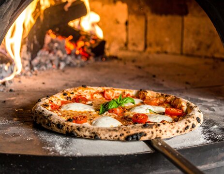 Freshly baked pizza in a wood-fired oven - Powered by Adobe