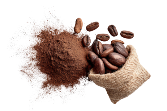 Cocoa powder and coffee beans spill from a burlap sack