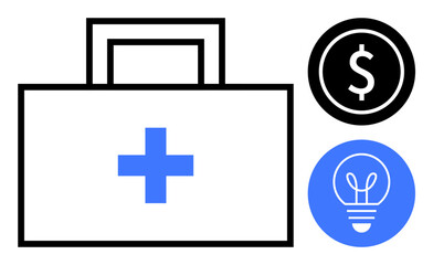 Fototapeta premium Medical kit with blue cross, black dollar sign for finance, and blue lightbulb for innovation. Ideal for health services, financial planning, innovation, strategy, medical startups, insurance simple