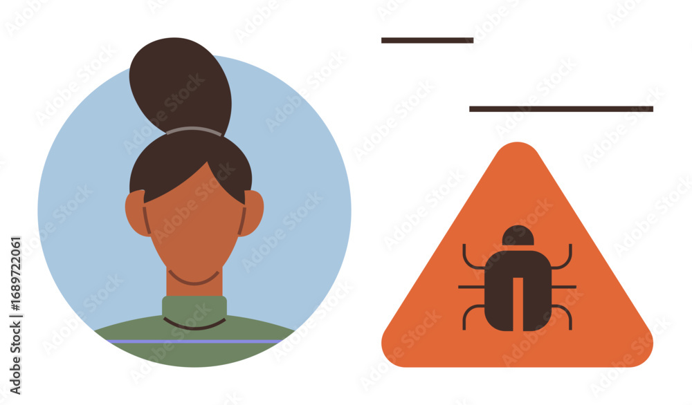 Poster female face in circular frame next to triangular warning sign with bug icon. ideal for cybersecurity
