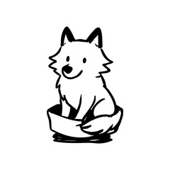 Simple black and white drawing of a seated, cartoon fox with a banner