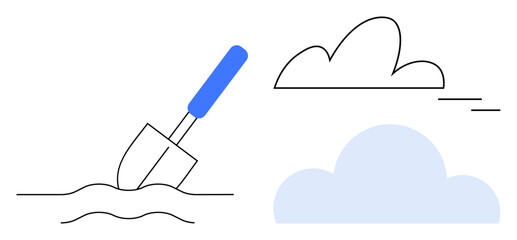 Shovel breaking soil under two stylized clouds, one outlined and one shaded. Ideal for gardening, sustainability, growth, potential, environment, agriculture and simplicity. Minimal flat metaphor