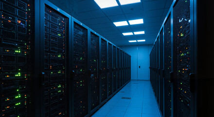 Data center hallway with server racks illuminated in blue light  