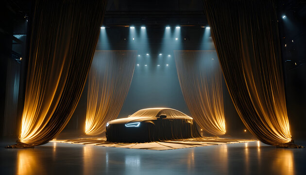 Car presentation with golden drapes and spotlights. Futuristic auto reveal under black fabric in elegant showroom. Modern vehicle debut, luxury automotive concept, exclusive event atmosphere