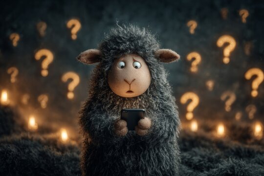 Terrified sheep browses phone in the dead of night. Sheep and phone. How crypto blurs the line between freedom and financial danger. Learn crypto trading. Fast crypto profits.