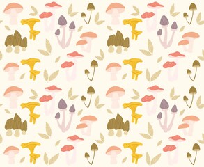 Seamless pattern with colorful forest mushrooms and leaves on a light background. Hand-drawn autumn woodland design perfect for fabric, wrapping paper, wallpaper, and seasonal decoration.