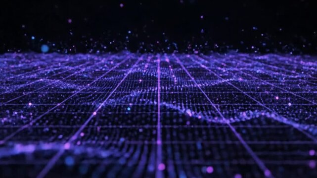 Dynamic digital grid with glowing particles creates futuristic data flow and network connections