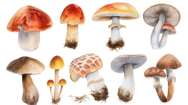 A watercolor illustration features a variety of different mushrooms on a white background.
Concept of: Fungal diversity.