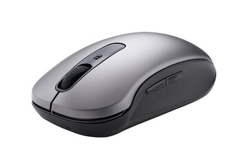 Gray wireless computer mouse.  Ergonomic design, smooth surface.  Features scroll wheel and two side buttons