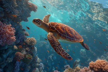 Fototapeta premium Sea turtle swimming over coral reef underwater Beautiful underwater scene with sea turtle gliding gracefully above coral reef in clear tropical ocean water. Marine life photography showing biodiversi