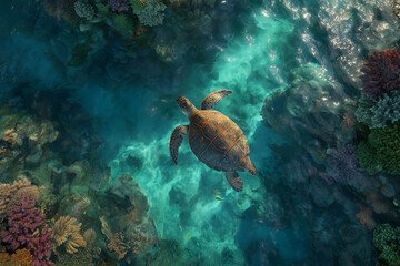 Fototapeta premium Sea turtle swimming over coral reef underwater Beautiful underwater scene with sea turtle gliding gracefully above coral reef in clear tropical ocean water. Marine life photography showing biodiversi