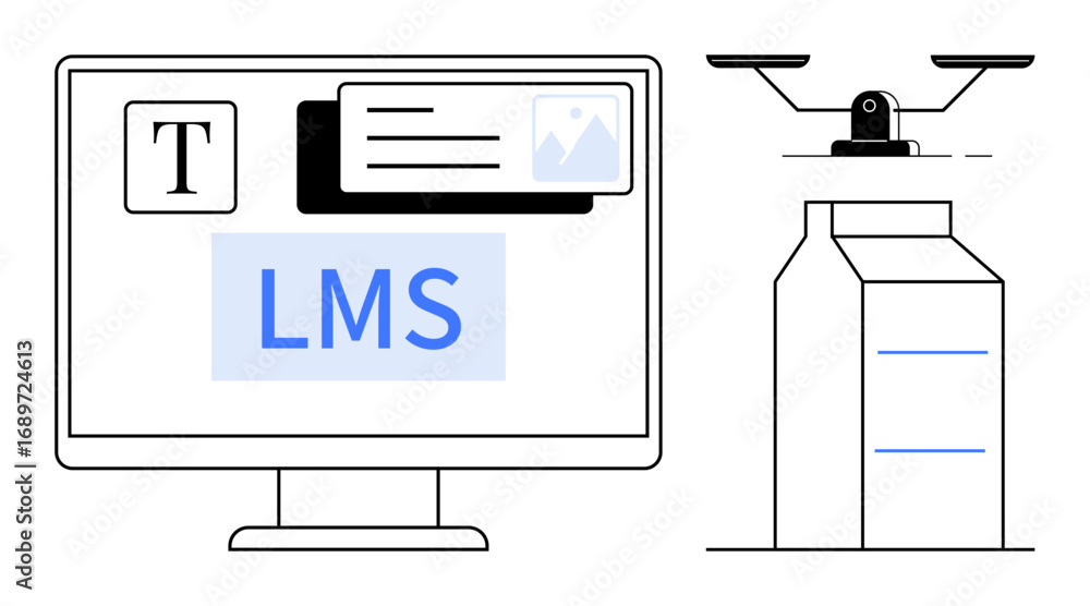 Poster computer screen displaying lms elements with text, files, and images alongside delivery quadcopter h