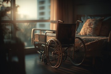 Empty Wheelchair Next To Hospital Bed