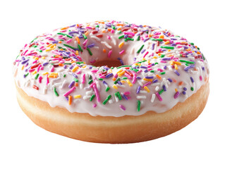 A glazed donut, frosted with white icing and topped with colorful sprinkles