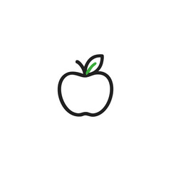 Simple black outline drawing of an apple with a green leaf