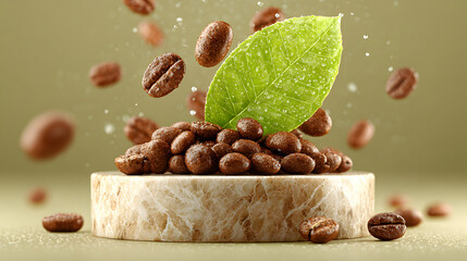 Coffee beans and a leaf on a wooden platform against a green background.