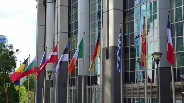 European Union Countries Flags in City of Brussels, Belgium.